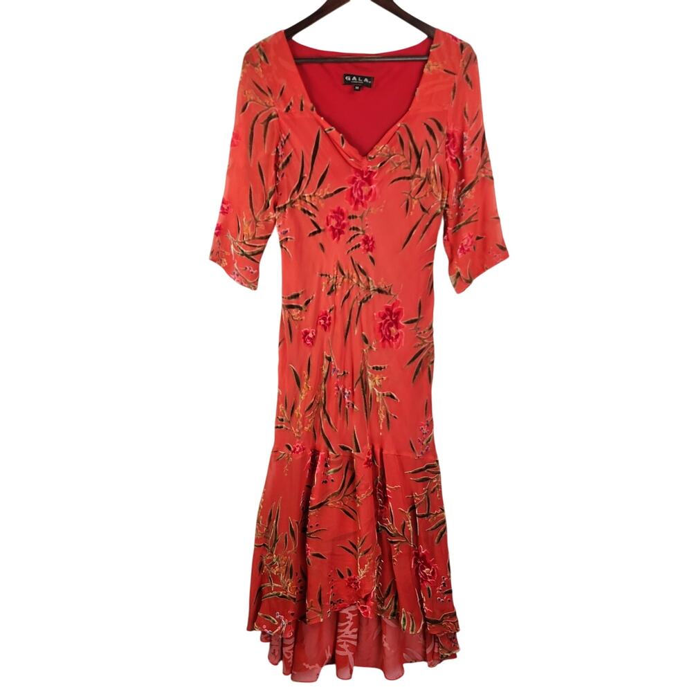 Gala Collection Red Floral Velvet Burnout Dress  Women’s SZ M Vintage 1990’s